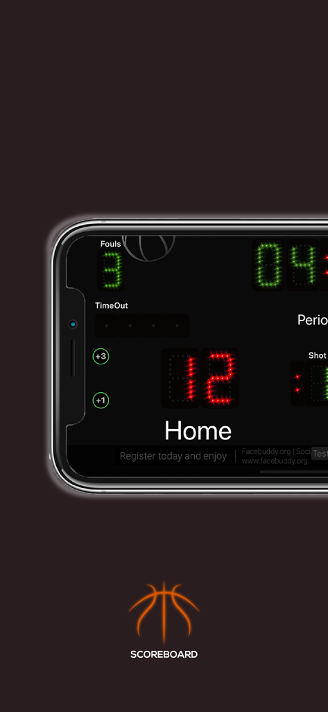 홈팀 점수와 게임 세부 정보를 표시하는 스마트폰 화면의 디지털 농구 스코어보드 인터페이스