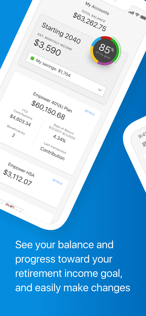 Dashboard dell'app Capital Group PlanPremier401k che mostra il saldo pensionistico e le proiezioni del reddito