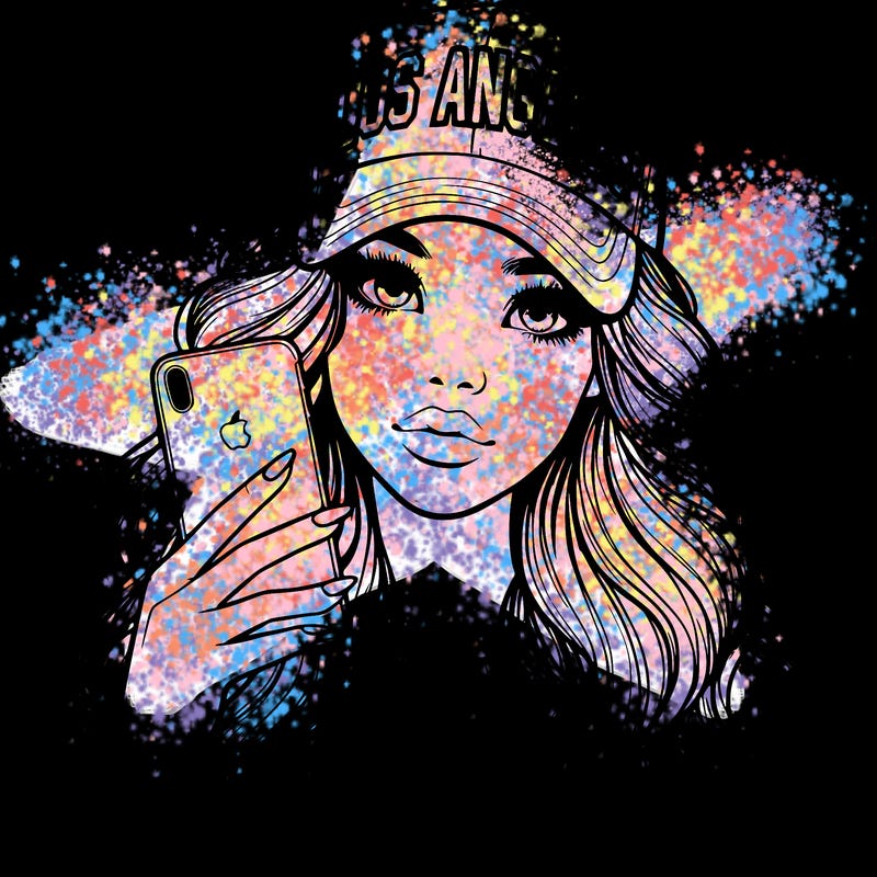 realistic beautiful girl wearing los ángeles cap holding an iphone