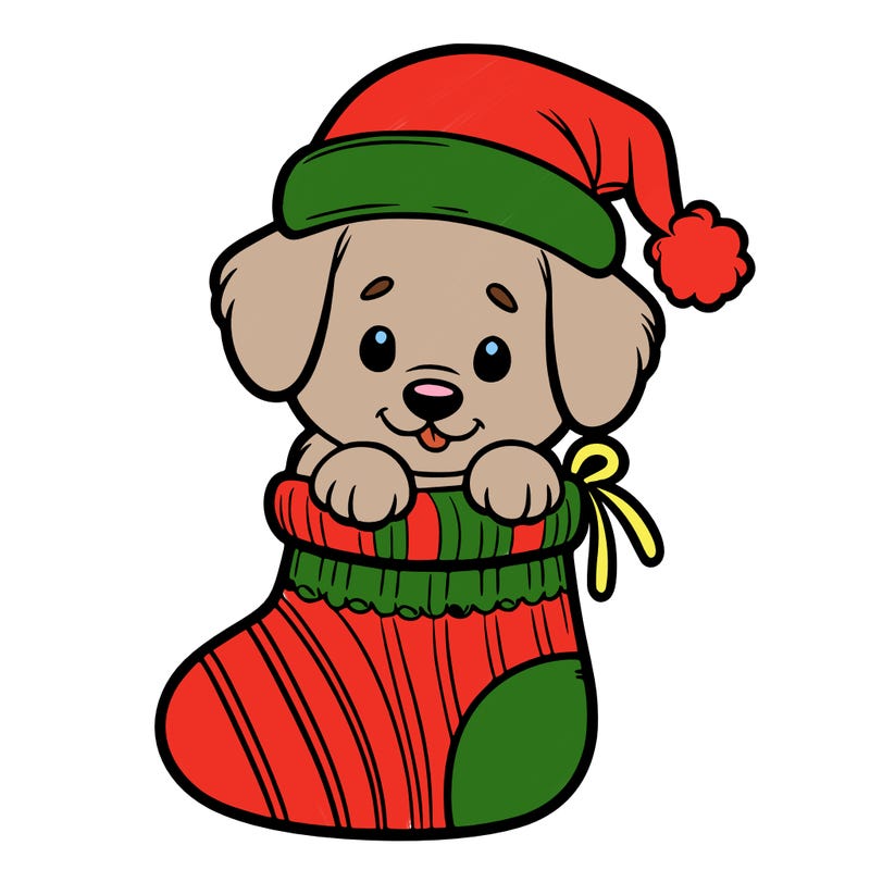 cute puppy wearing santa hat in socking