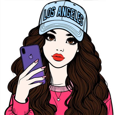 realistic beautiful girl wearing los ángeles cap holding an iphone