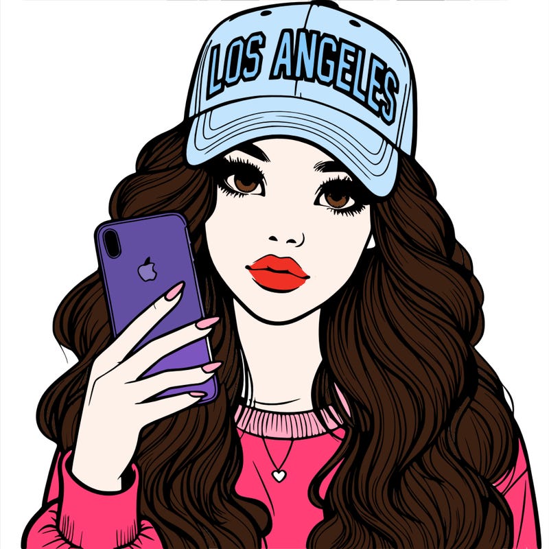 realistic beautiful girl wearing los ángeles cap holding an iphone