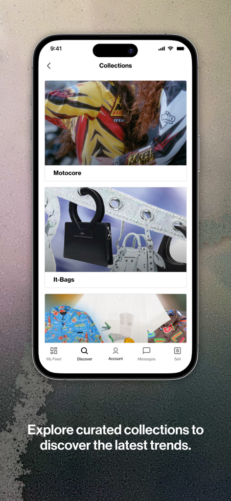 Grailed – Buy & Sell Fashion - Grailed app interface showing curated fashion collections for trends like Motocore and It-Bags.