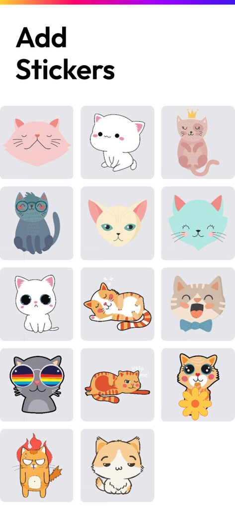 Photo Collage Maker & Pics Art - A variety of colorful and cute cat stickers shown in the sticker selection menu of the Photo Collage Maker app.