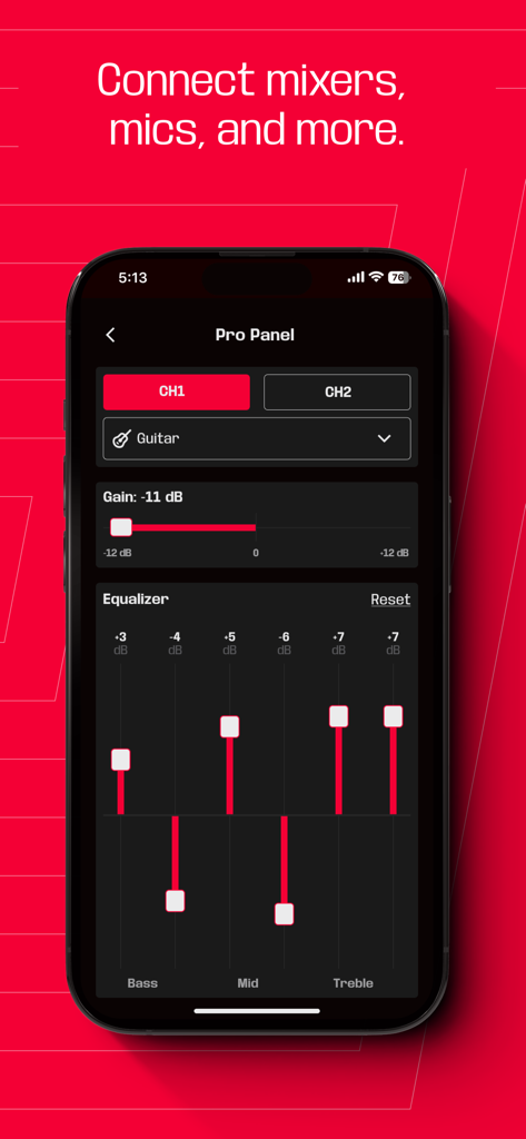SOUNDBOKS - SOUNDBOKS app Pro Panel interface showing equalizer and guitar input gain controls