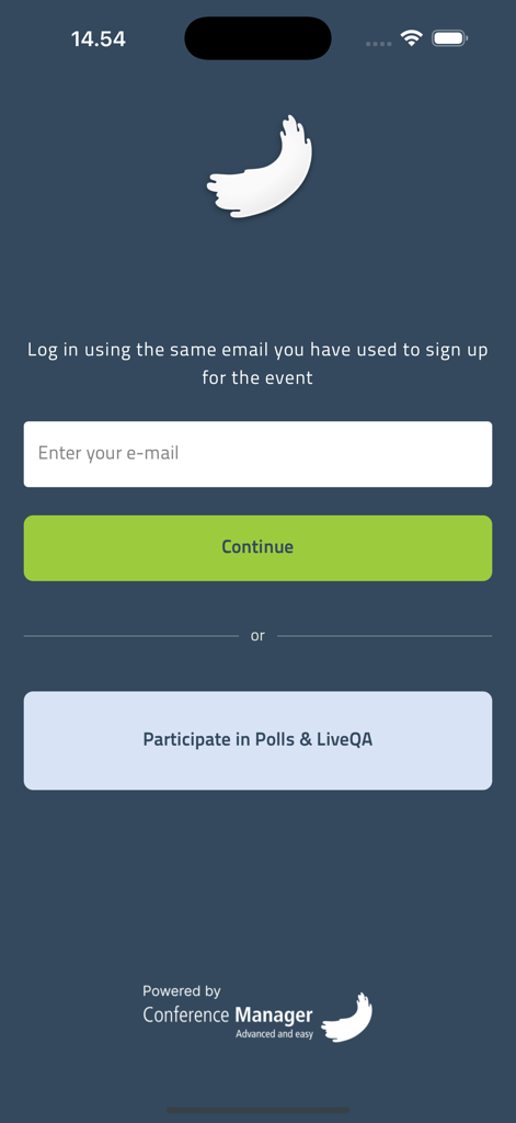 CM Events - Login screen for the CM Events app featuring an email entry field and options to join live polls and QA sessions.