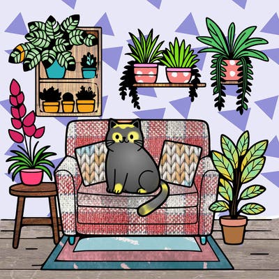 cat on a sofa in a room full of plants