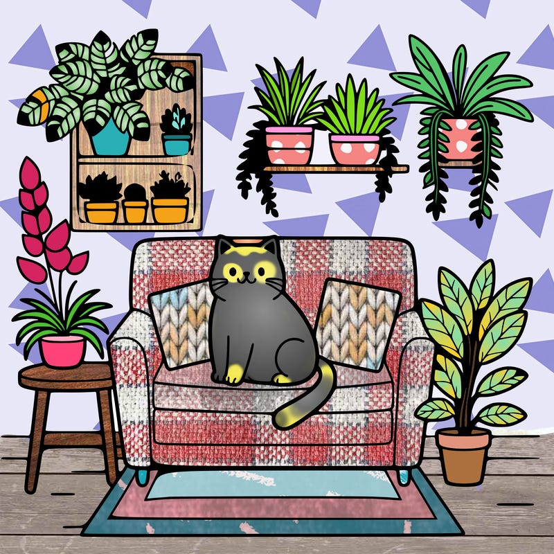 cat on a sofa in a room full of plants