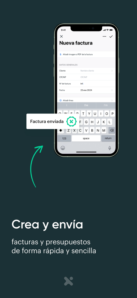 Pantalla de la aplicación móvil Anfix que muestra cómo crear y enviar facturas y presupuestos rápidamente.