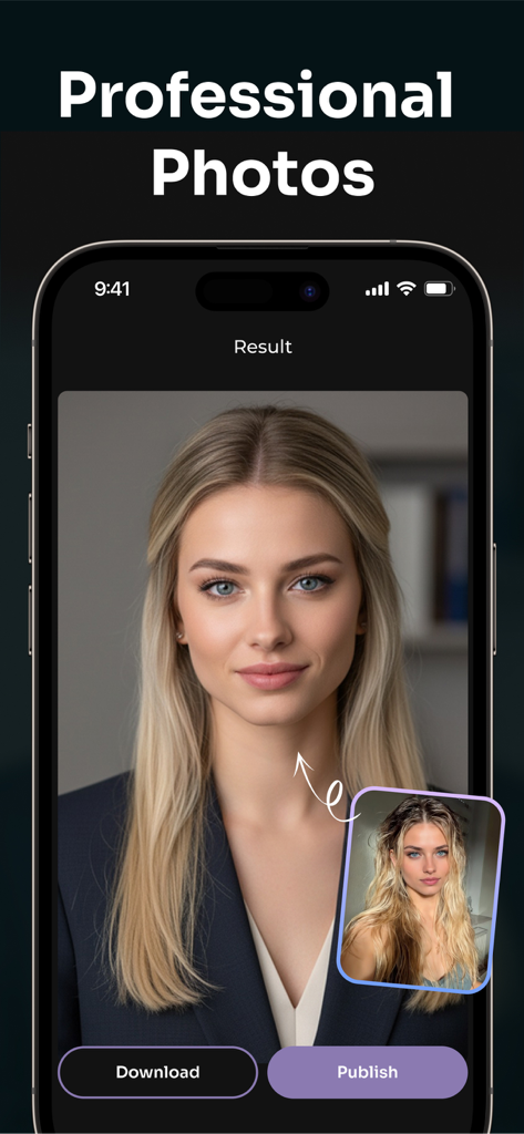 X Art: AI Photo Generator - X Art app interface showing an AI generated professional headshot from a casual selfie
