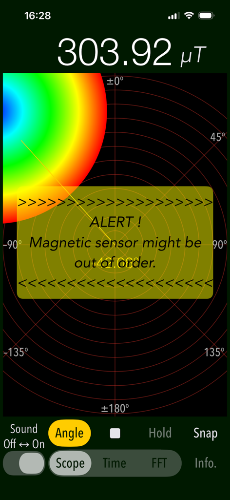 Magnetscape app displaying a magnetic sensor alert and high microtesla reading in Scope mode.