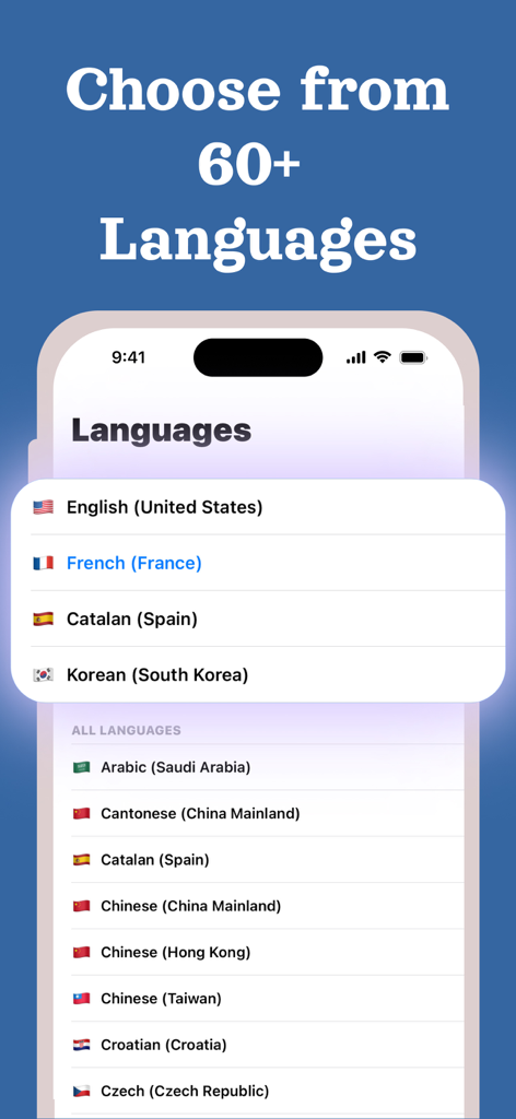 Captura de pantalla de la aplicación Live Voice Translator mostrando una lista de más de 60 idiomas y dialectos admitidos con banderas de países