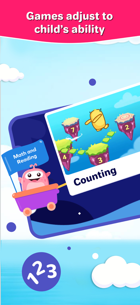 SplashLearn app interface showing a 1st grade counting game with adaptive learning features for math and reading.