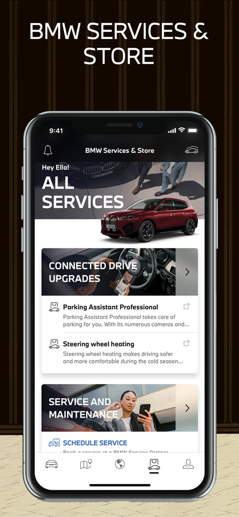 Interface of the My BMW app showing vehicle services, ConnectedDrive upgrades like parking assistant, and service scheduling options.