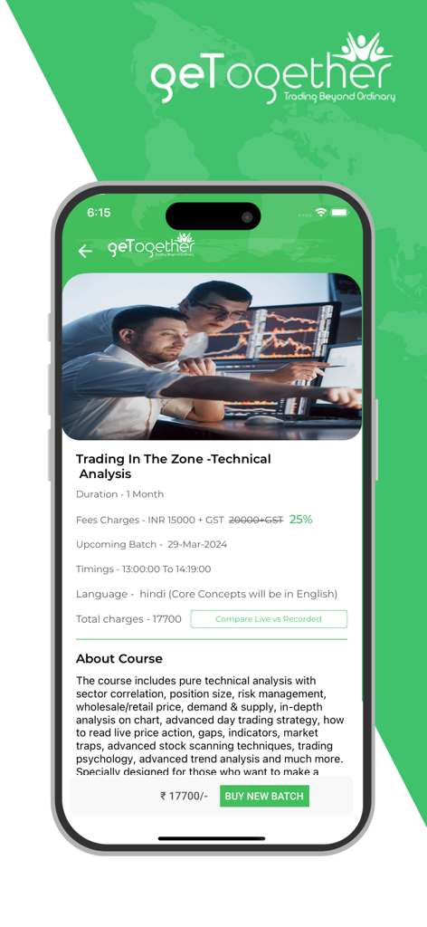 Tela do aplicativo móvel GTF mostrando detalhes do curso de análise técnica 'Trading In The Zone'