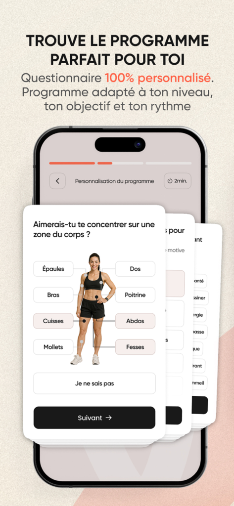 Grity - Sport & Nutrition - L'écran d'accueil de l'application Grity présentant un outil de sélection de partie du corps pour un programme de fitness personnalisé.