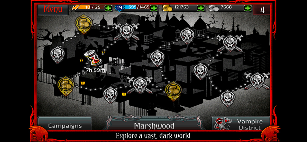 Dark Legends MMORPG - World map screen of Marshwood in Dark Legends MMORPG showing quest and reward nodes.