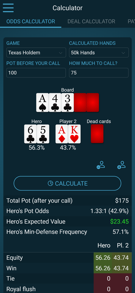 Interfaz de calculadora de probabilidades de Texas Hold'em en la aplicación Poker Bankroll Tracker que muestra porcentajes de victoria de los jugadores.