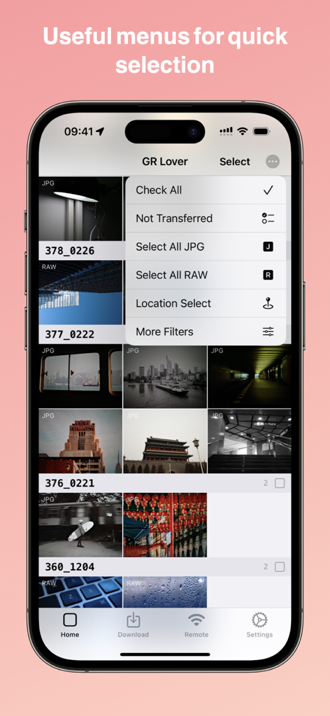 GR Lover - GR World - Interface of GR Lover app showing a quick selection menu for batch downloading RAW and JPG photos from a Ricoh GR camera.