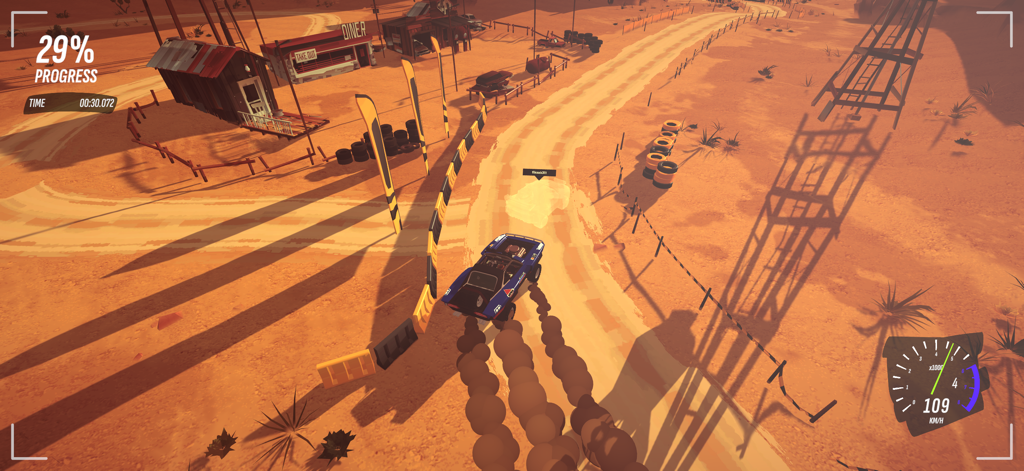 #DRIVE Rally - Un coche de rally azul derrapando en una pista de tierra a través de un entorno desértico en un juego de carreras arcade de estilo retro.