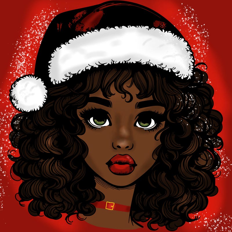 realistic girl with a santa hat curly hair and lips