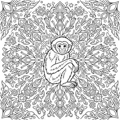 Discover the charm of a gibbon nestled within a breathtaking winter wonderland mandala. This intricate design offers hours of calming creativity, perfect for cold days.