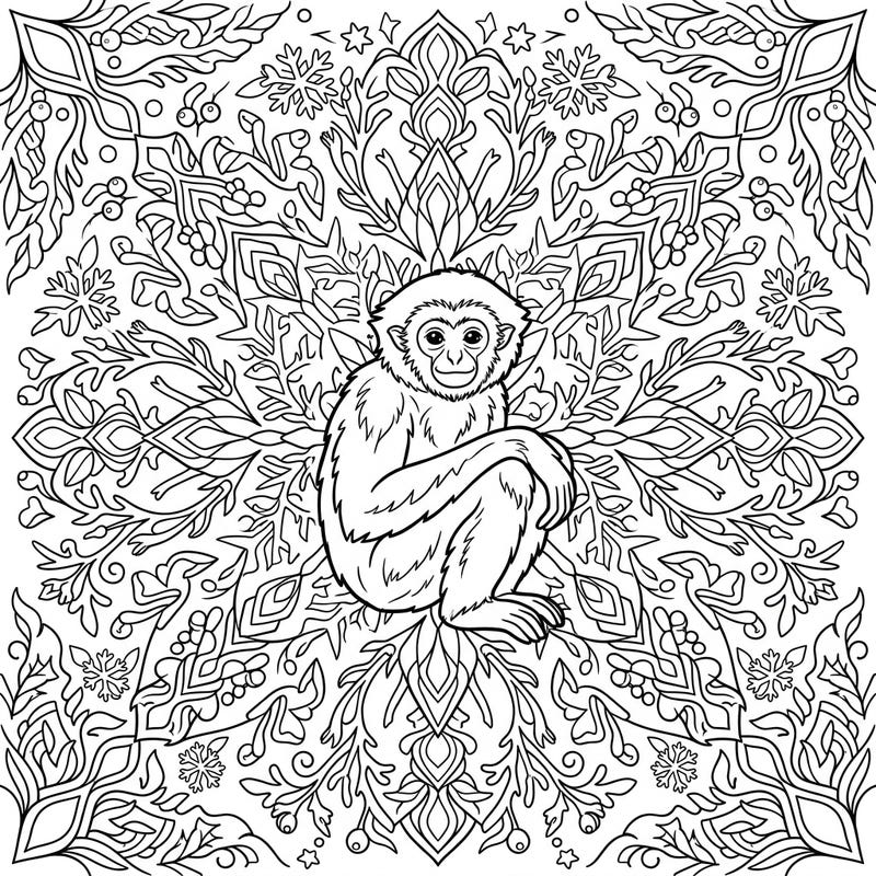 Discover the charm of a gibbon nestled within a breathtaking winter wonderland mandala. This intricate design offers hours of calming creativity, perfect for cold days.