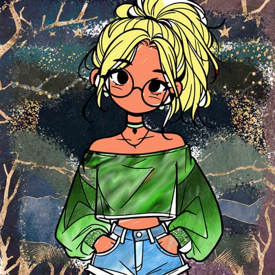 girl with a messy ponytail glasses a baggy crop top and jean shorts