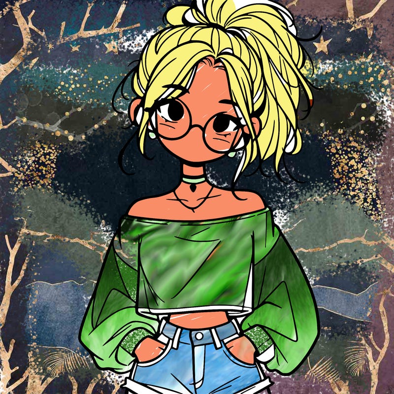 girl with a messy ponytail glasses a baggy crop top and jean shorts