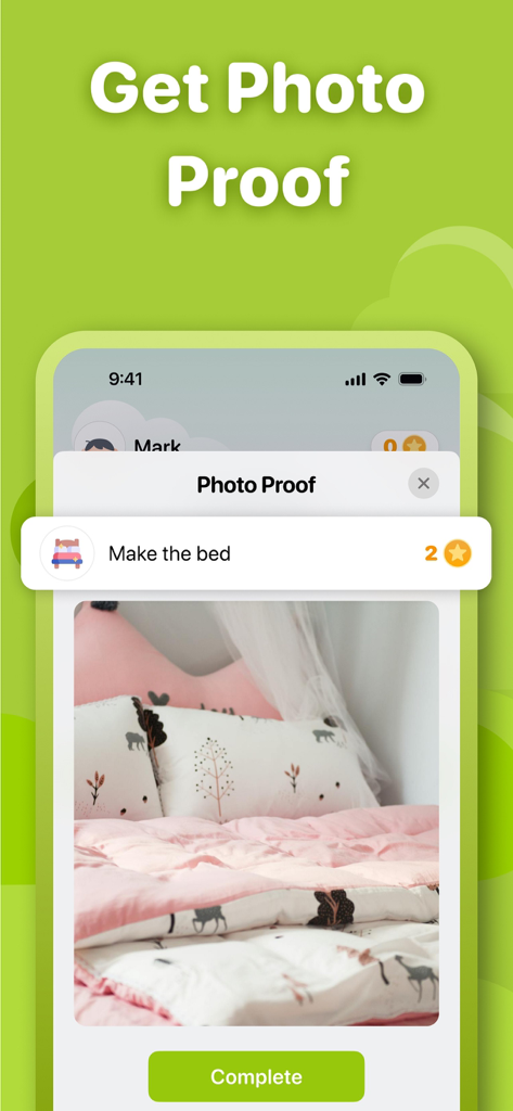 Neat Kid: Daily Kids Chore App - Neat Kid app interface showing photo proof feature where a child uploads a picture of a made bed to earn stars