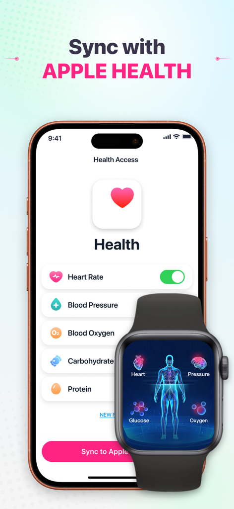 Health Monitor: Heart Rate - Smartphone e Apple Watch mostrando sincronização de dados de saúde com Apple Health para monitoramento de frequência cardíaca e pressão arterial