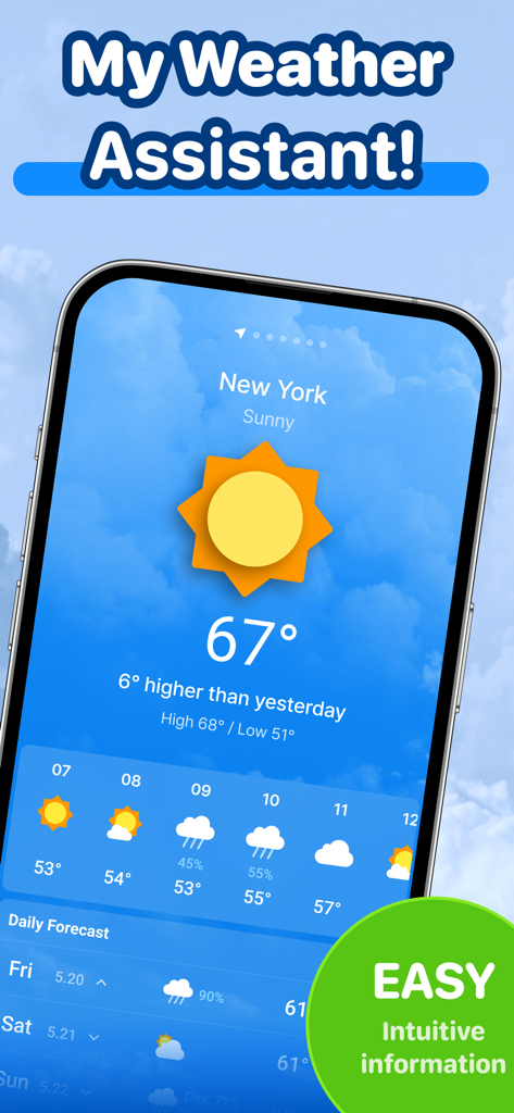 Weather Sky app interface showing a sunny weather forecast for New York at 67 degrees