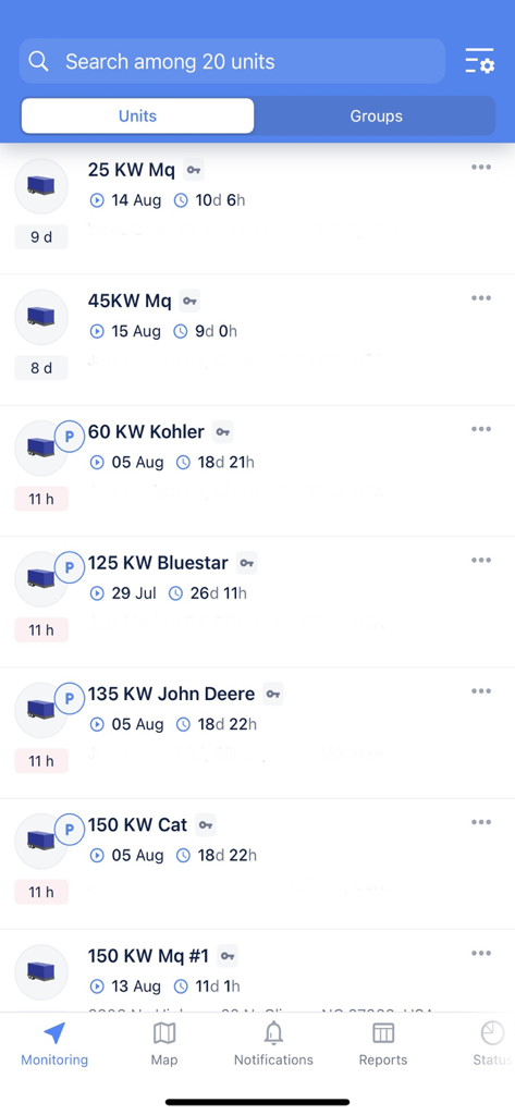 Genlink - The monitoring screen of the Genlink app displaying a list of various generator units with their power ratings and status.