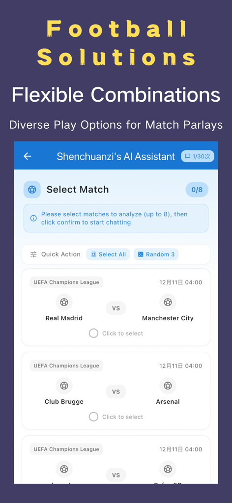 AI Ball Predictions & Tips - Mobile app screen showing the AI assistant interface for selecting UEFA Champions League football matches for parlay analysis