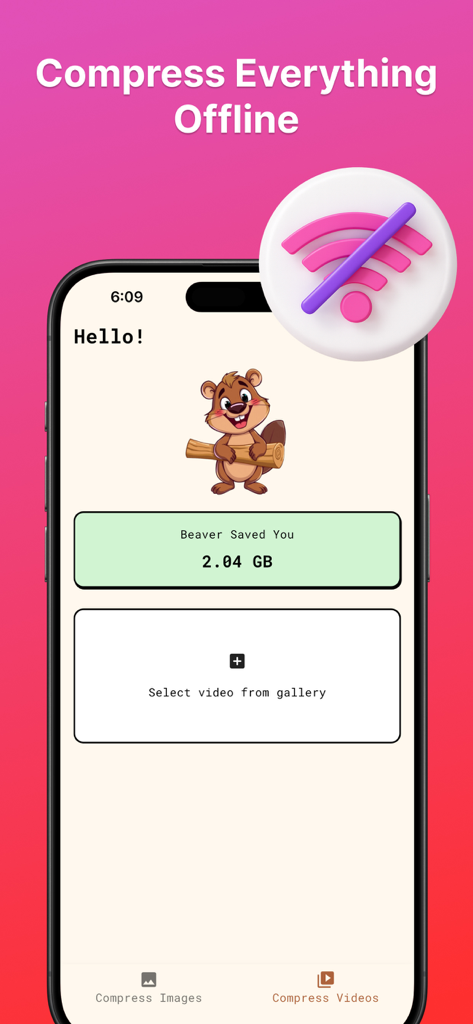 Compress Videos to Any Size - Tinyfile App-Oberfläche zeigt Offline-Videokomprimierung und Speicherplatzersparnis