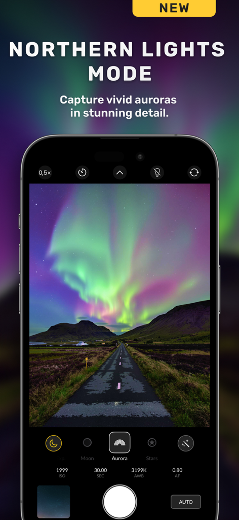 Nightcam app interface showing the Northern Lights Mode with a vivid aurora photo on a smartphone screen.