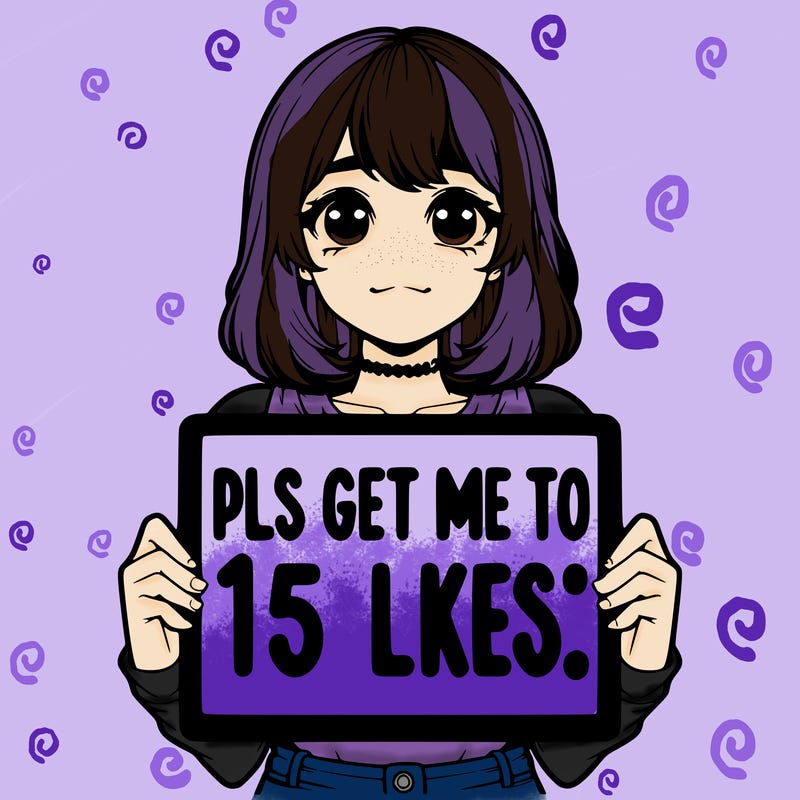 realistic girl holding up a sign that says “pls get me to 15 likes!”