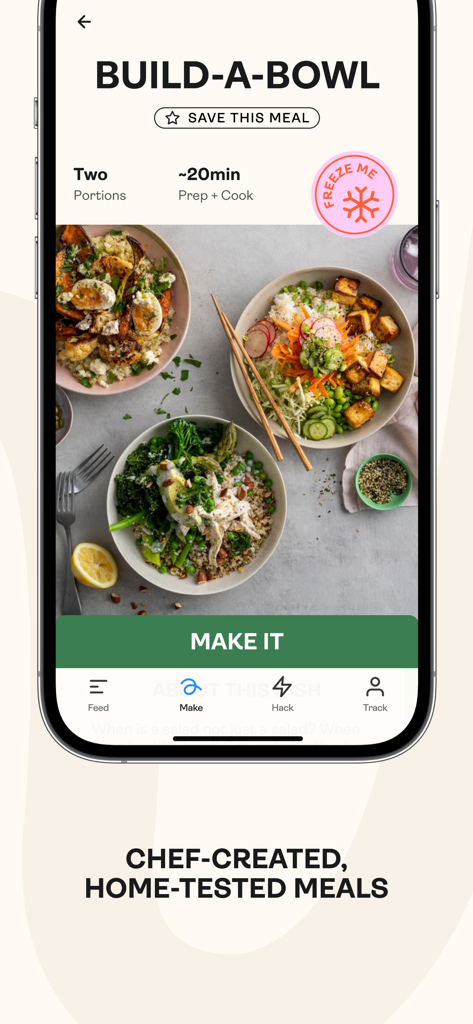 Saveful - Saveful app interface showing a chef-created build-a-bowl recipe with 20-minute prep and cook time.