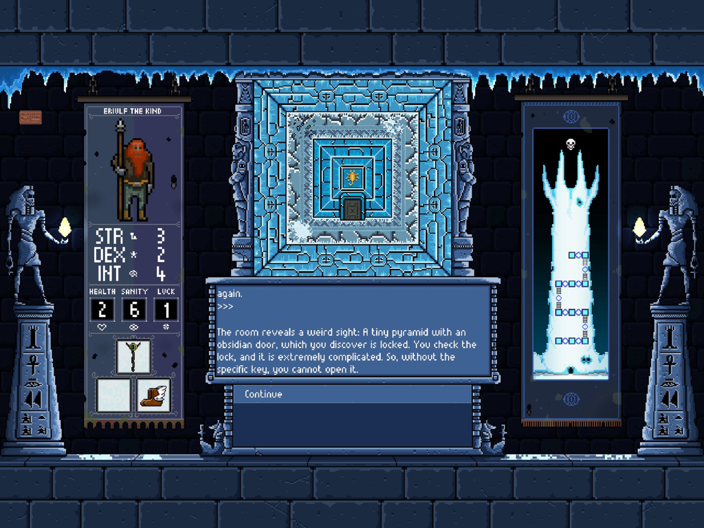 Tower Of The Ice Lich - Jugabilidad en pixel art de Tower Of The Ice Lich con estadísticas de personaje y un evento de mazmorra.