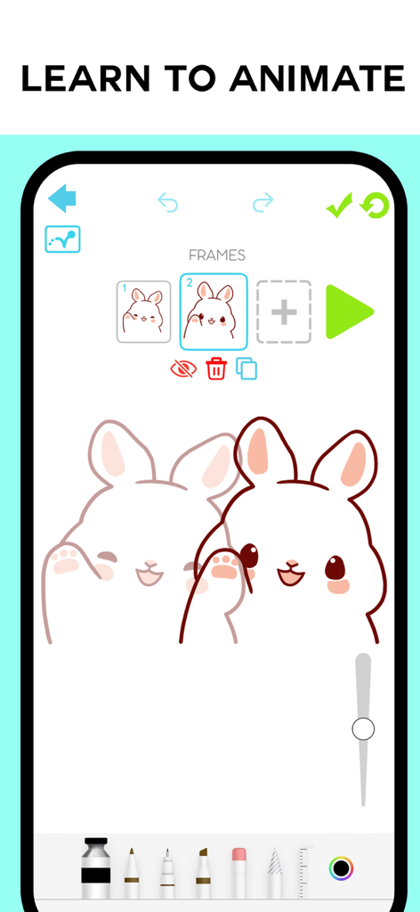 Drawing Vibe: Learn to draw - Mobile app screen showing a frame-by-step animation tutorial with a cute cartoon rabbit.