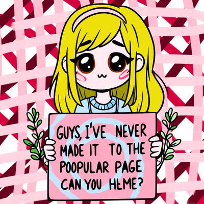 a girl holding up a sign that says, guys, i’ve never made it to the popular page, can you help me?