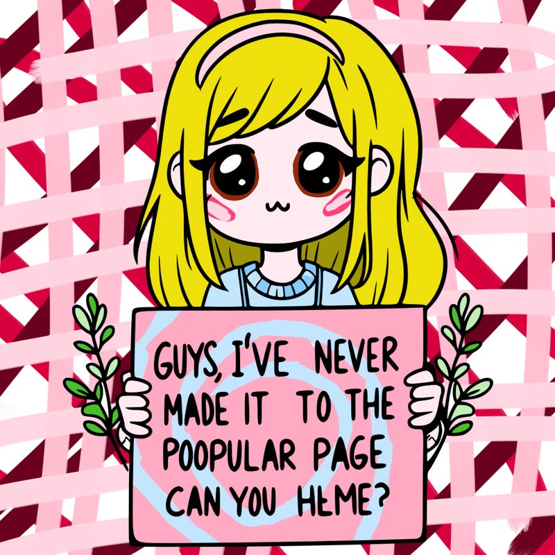 a girl holding up a sign that says, guys, i’ve never made it to the popular page, can you help me?