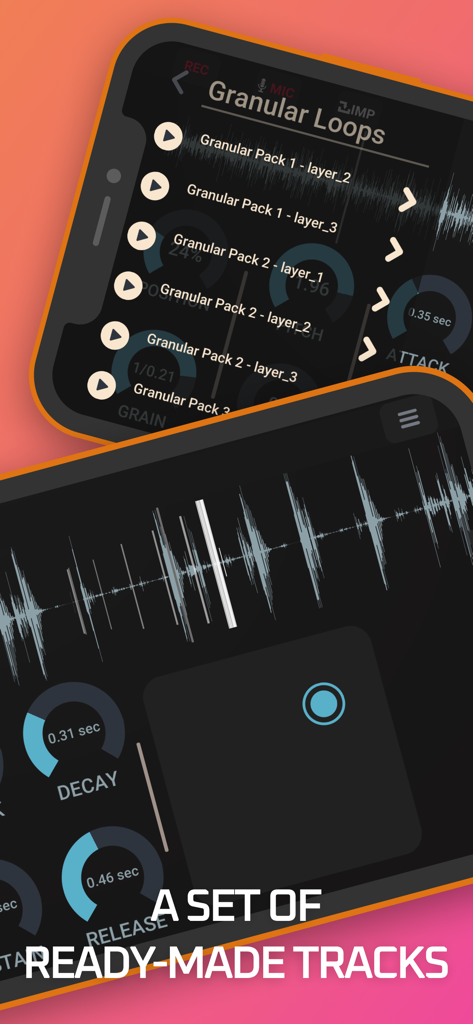 Interfaccia dell'app Sintetizzatore Granulare che mostra un elenco di brani predefiniti e strumenti di modifica delle forme d'onda