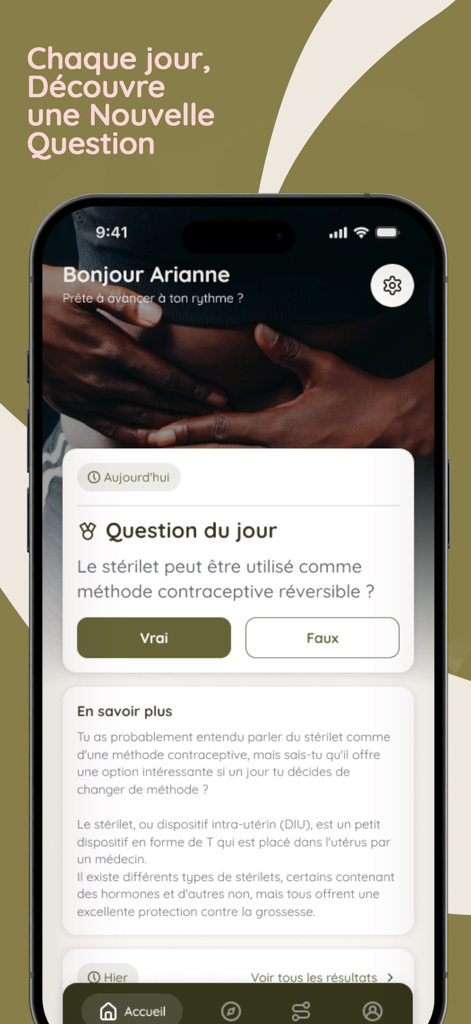 Gynette - Gynette app interface showing a daily interactive question about contraceptive methods with a true or false option