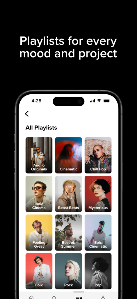 Audiio Pro - Audiio Pro app interface displaying various music playlists curated for video creators by mood and genre