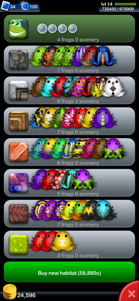 Un menú en Pocket Frogs que muestra múltiples hábitats llenos de varias especies de ranas coloridas y progreso de cría
