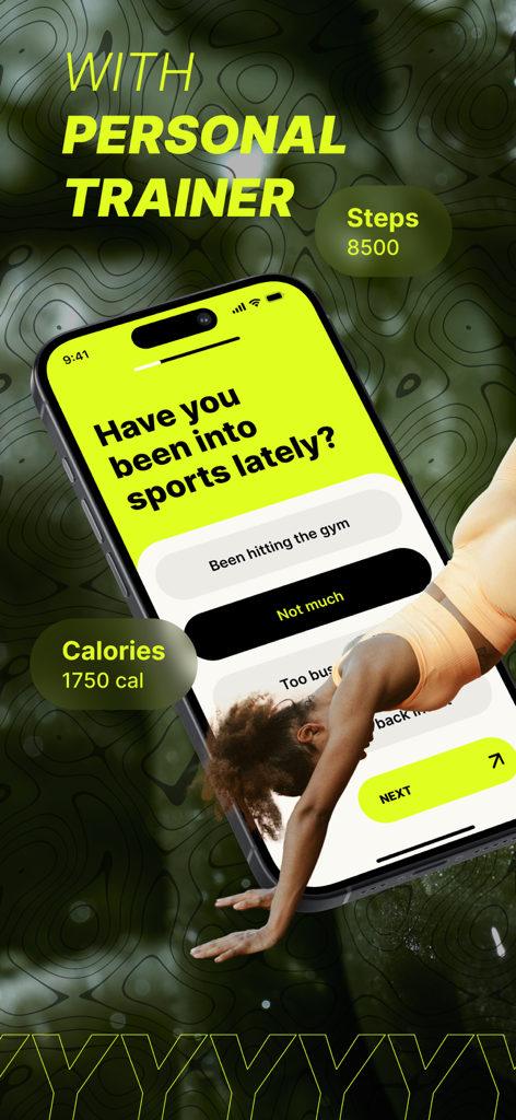 Shapy personal fitness app onboarding screen asking about exercise history with calorie and step count metrics.