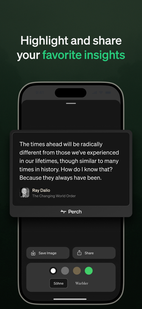 Perch Reader - A mobile screen showing the highlight and share feature in the Perch Reader app.