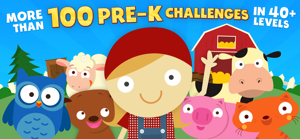 Animal Pre-K Preschool Games - Farmer Lily and cartoon barnyard animals promoting over 100 pre-k educational challenges