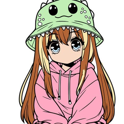 girl with anime shaped eyes with a dinosaur bucket hat oversized sweatshirt long straight hair